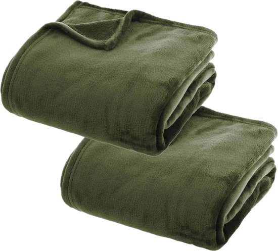 2x Stuks Fleece deken/fleeceplaid olijf groen 130 x 180 cm polyester - Bankdeken - Fleece deken - Fleece plaid