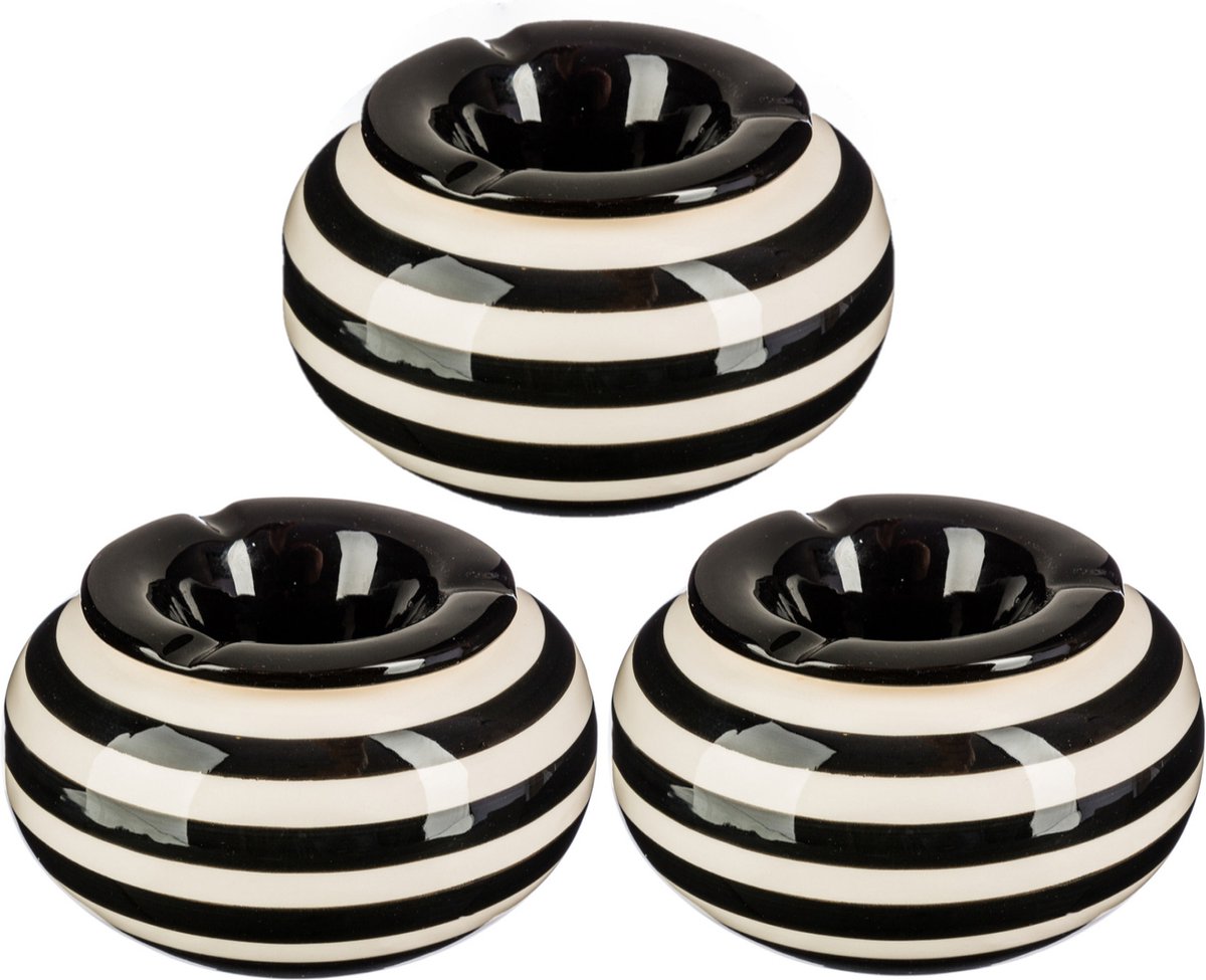 Terras asbak/stormasbak - 3x - rond - keramiek - 12 x 8 cm - zwart/wit - Buiten asbakken