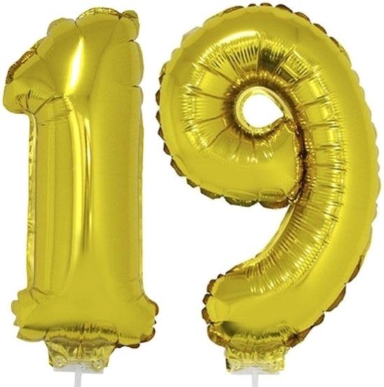 19 jaar leeftijd feestartikelen/versiering cijfers ballonnen op stokje van 41 cm - Combi van cijfer 19 in het goud