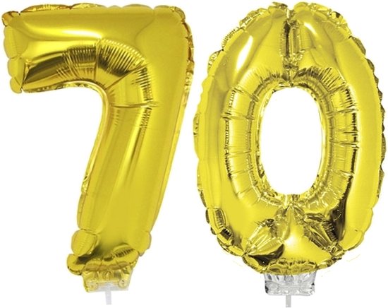 70 jaar leeftijd feestartikelen/versiering cijfers ballonnen op stokje van 41 cm - Combi van cijfer 70 in het goud
