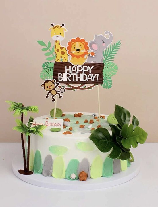 Jungle taart topper - Happy Birthday - Jungle cake topper - Jungle feest - Leeuw - Giraffe - Aap - Olifant - Kinderfeestje - Thema feest - - Merkloos