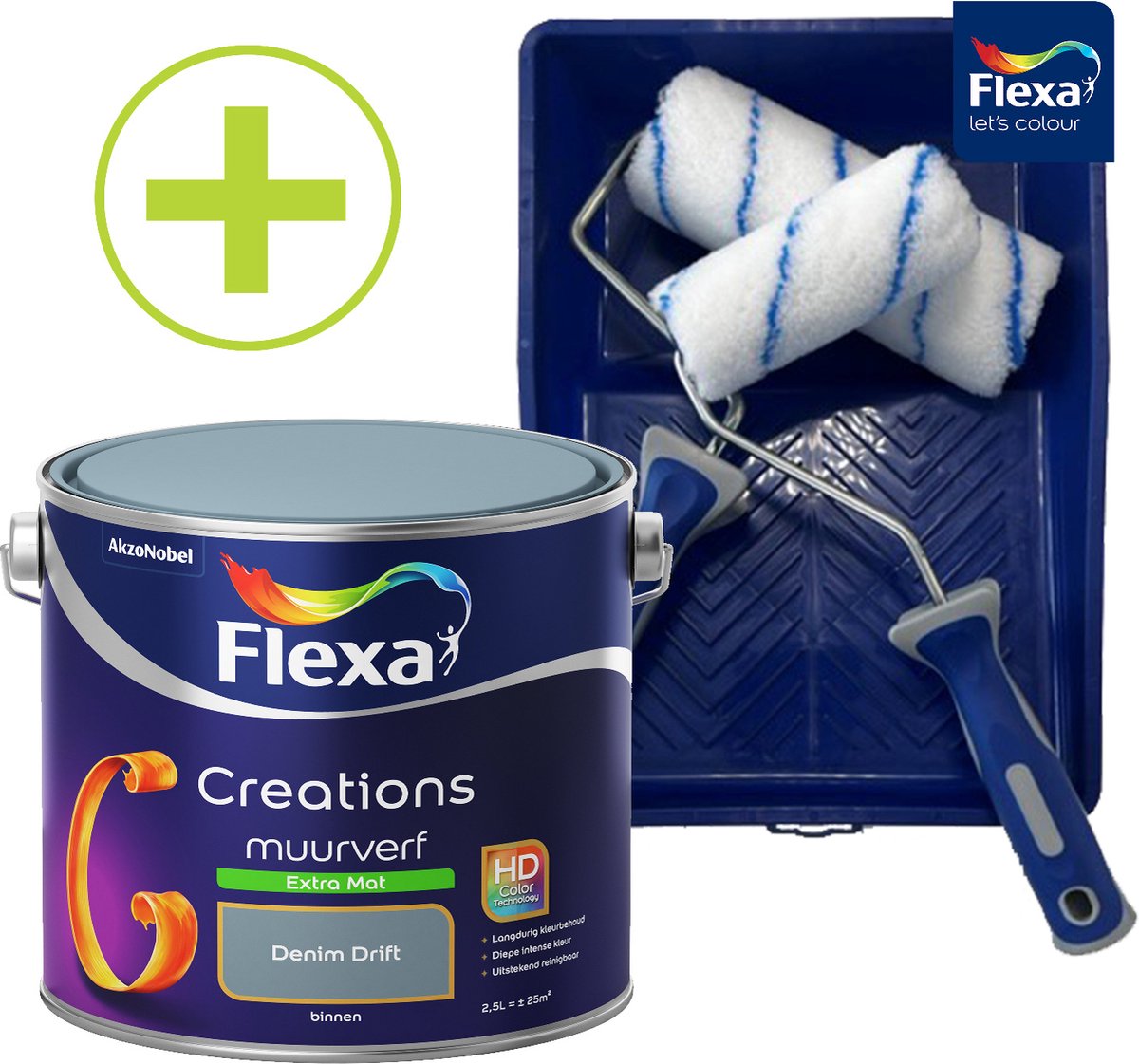 Flexa Creations Muurverf - Extra Mat - Denim Drift - Blauw - 2,5 liter + Flexa Muurverfset 5-delig