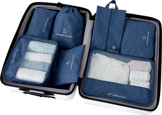 Packing Cubes Set 7-Delig - Reiszakken Voor Reis Koffer, Backpack en Tas - Donkerblauw