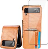 Geschikt voor Samsung Galaxy Z Flip 3 Book Case Hoesje - Screenprotector - Flip Portemonnee Bruin met Screen Cover Protector
