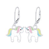 Joy|S - Zilveren eenhoorn paardje oorbellen - unicorn glitter wit - leverback sluiting