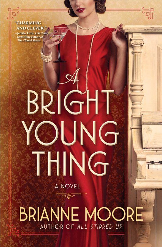 Vrouw in rode jurk met parelketting leunt tegen een piano. Titel: A BRIGHT YOUNG THING.