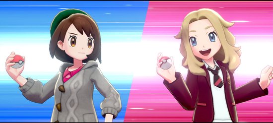 Twee vrouwelijke personages, één met bruine en één met blonde haren, houden een Pokébal vast.