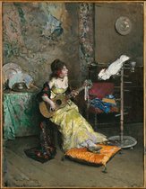 Kunst: Raimundo de Madrazo y Garreta, Woman with a Parrot, c. 1872, Schilderij op canvas, formaat is 30X45 CM
