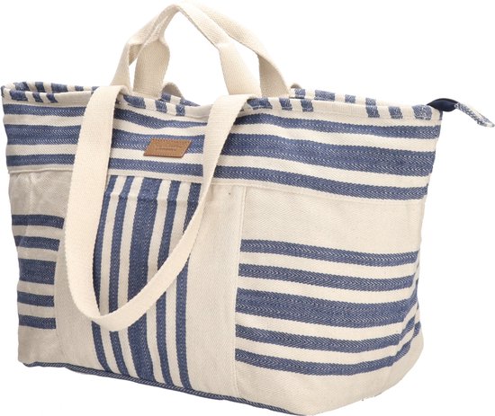 Grote gestreepte strandtas in marineblauw en crème, gedetailleerd met rits en voorvakken.