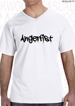 ANGERFIST heren t-shirt - Wit - Maat S - Korte mouwen - V hals - Regular Fit - Quotes - Kwoots - Gabber - Hardcore