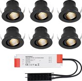 Set van 6 12V 3W - Mini LED Inbouwspot - Zwart - Kantelbaar & verzonken - Verandaverlichting - IP44 voor buiten - 2700K - Warm wit