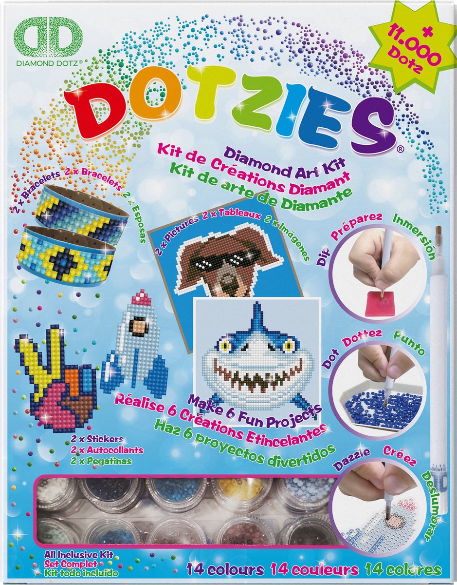 DIAMOND DOTZ - Megapack DOTZIES 6-delig - Diamond Painting - 2 Foto's 15 x 15 cm, 2 Armbandjes, 2 Stickers - 11.000+ Dotz - Complete DIY Set Voor Kinderen Vanaf 8 Jaar - Blauw