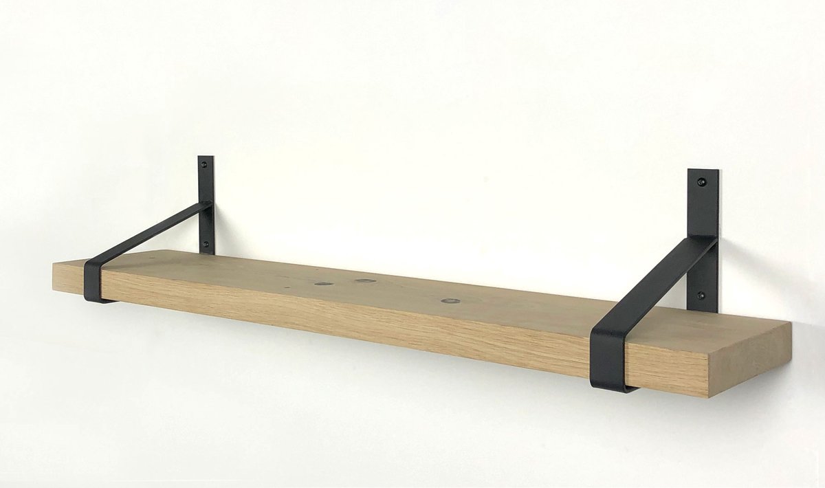 Eiken wandplank 50 x 20 cm inclusief zwarte plankdragers - Wandplank hout - Wandplank industrieel - Fotoplank