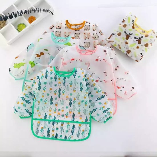 Little Dimsum Babyslabbetjes, 3-delige set, waterdichte babyslabbetjes met mouwen en opvangzak, verstelbare klittenbandsluiting, voor baby's van 6-36 maanden (machinewasbaar