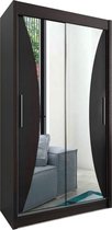 InspireMe- Moderne kledingkast,Zweefdeurkast Kledingkast met Spiegel Garderobekast met planken en kledingstang,2 Laden  - 100x62x200 cm (BxDxH) - MEGRA 100 (zwart)2S