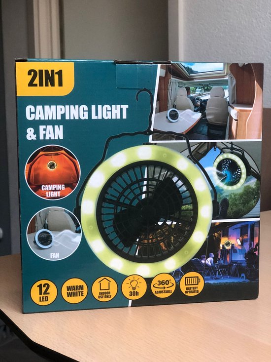 Camping Lampje & Ventilator - 2-in-1 - Led - 360º - Batterij - met ophanghaak - camping accesoires - kleine ventilator - ventilator batterij