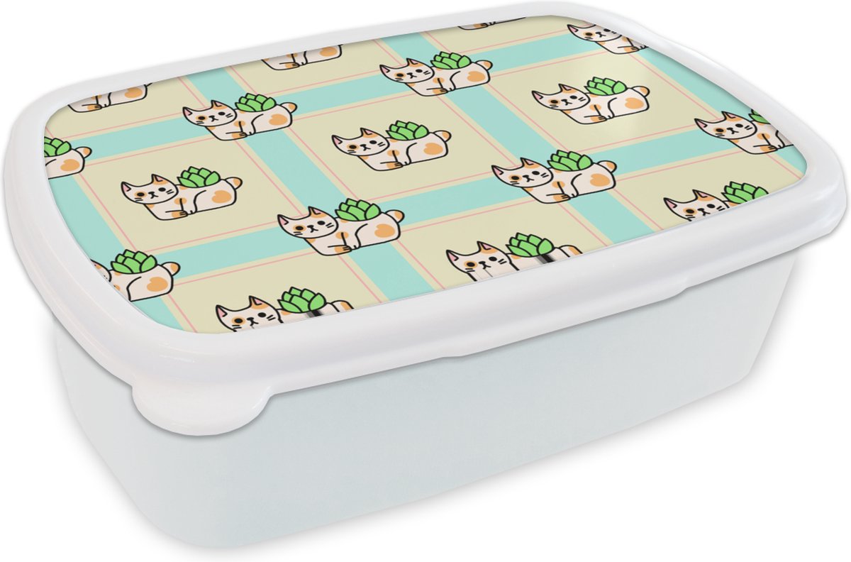 Broodtrommel Wit - Lunchbox - Brooddoos - Katten - Planten - Pastel - Kind - Patroon - 18x12x6 cm - Volwassenen