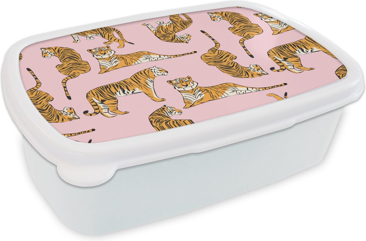 Broodtrommel Wit - Lunchbox - Brooddoos - Patroon - Tiger - Dieren - 18x12x6 cm - Volwassenen
