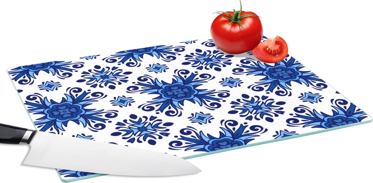 Glazen Snijplank - 39x28 - Tegel - Bloem - Blauw - Patroon - Snijplanken Glas