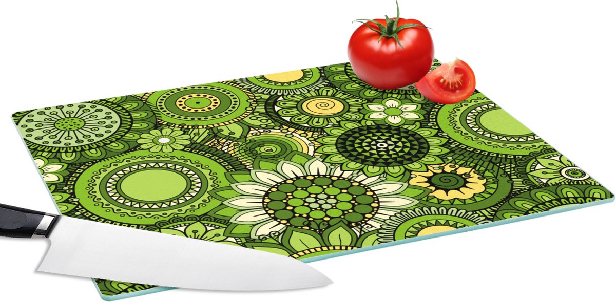 Glazen Snijplank - 39x28 - Bloemen - Groen - Patroon - Snijplanken Glas