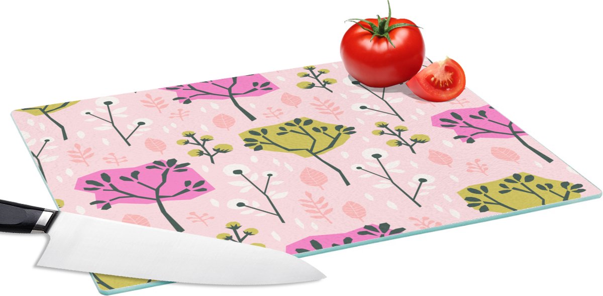 Glazen Snijplank - 39x28 - Roze - Bomen - Bladeren - Design - Snijplanken Glas