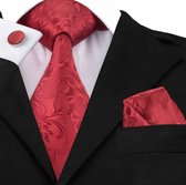 Luxe Rode stropdas met bloemmoetief in zelfde kleur met pochet en manchetknopen