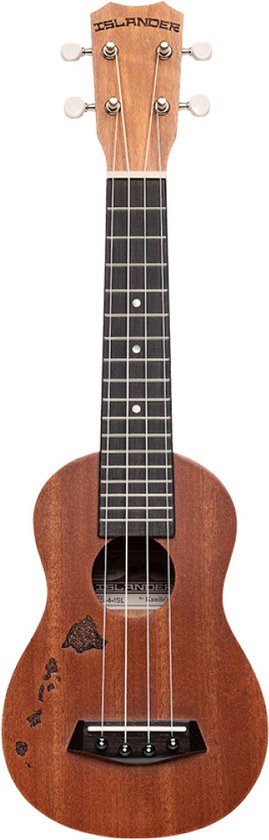 Mahonie sopraan-ukelele met 'Hawaiian Islands'-gravure, 'ISLANDER'-logo op de kop en open stemmechanieken.
