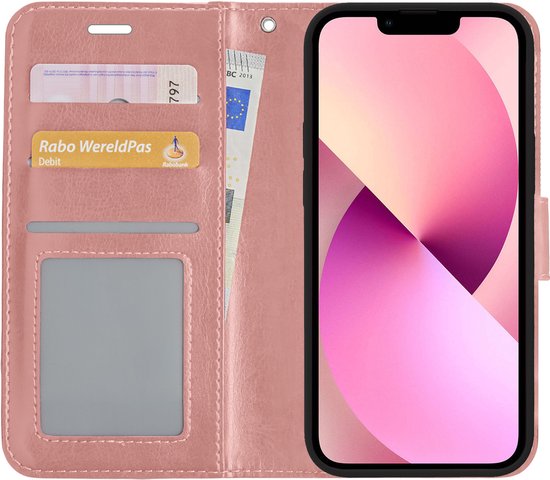 Coque iPhone 13 Book Case Cover avec protection d'écran - Coque iPhone 13 Wallet Cover - Coque iPhone 13 avec protection d'écran - Or rose