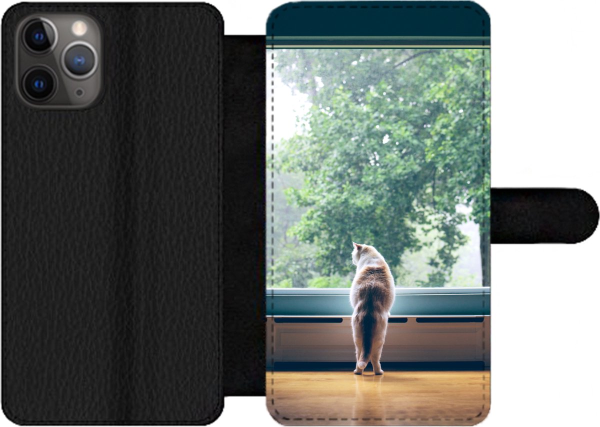 Telefoonhoesje Geschikt voor iPhone 11 Pro telefoonhoesje - Kat - Raam - Planten - Met vakjes - Wallet case met magneetsluiting