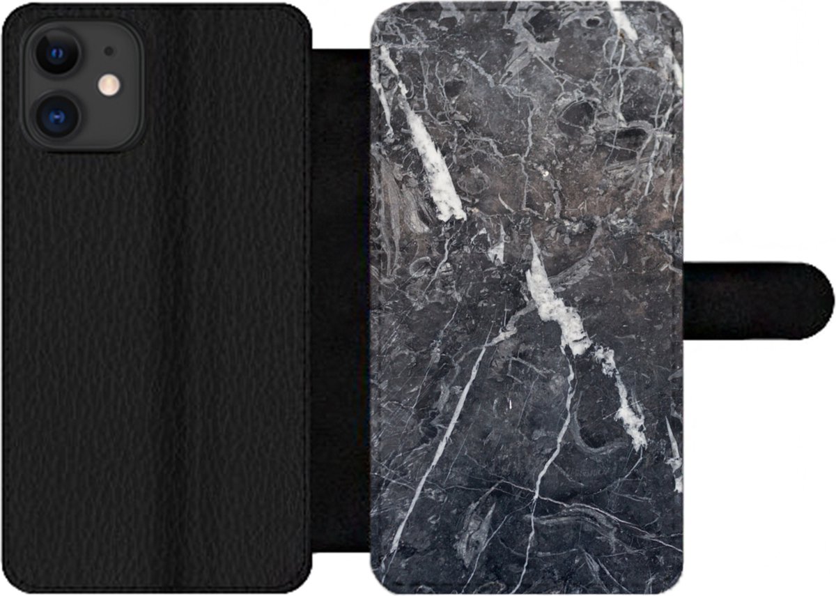 Telefoonhoesje Geschikt voor iPhone 11 telefoonhoesje - Marmer print - Grijs - Wit - Met vakjes - Wallet case met magneetsluiting