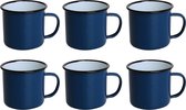 Veluw® Emaille Mok met Oor - Emaille Beker Set - Emaille Servies - Blauw/Zwart - 35cl - ( Set van 6 )