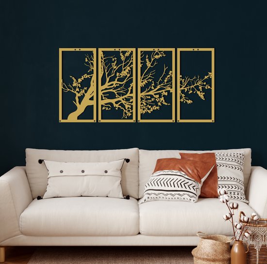 Décoration Murale Arbre De Vie - 60x58cm - Métal Noir Et Doré - Pour Salon Ou Extérieur