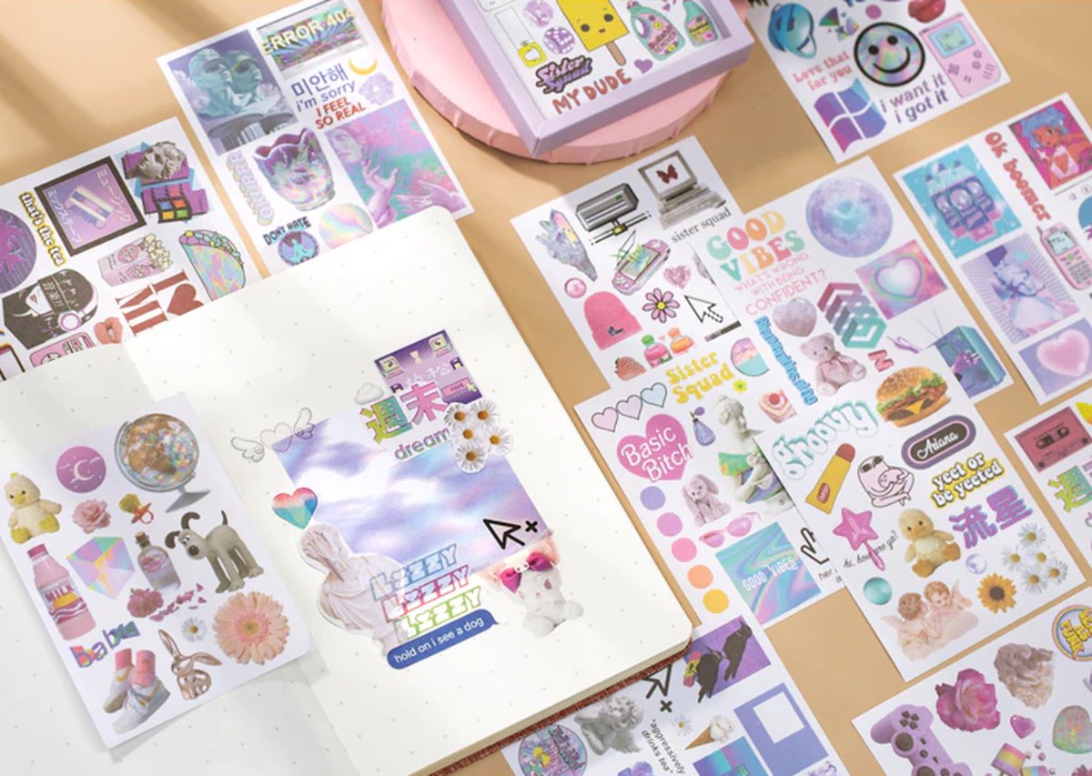 Bullet Journal Stickers - 50 Vellen - Hipster, Vaporwave - Stickervellen voor Planners, Agenda's, Scrapbook - Cadeau onder €15, Kerstcadeau, Sinterklaascadeau, Schoencadeau