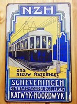 NZH De Blauwe Tram - Metalen Wandbord Poster Naar Affiche - Spoorwegen Tram Oud Den Haag HTM Scheveningen