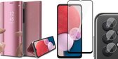Samsung Galaxy A13 4G Hoesje - Book Case Spiegel Wallet Cover Hoes Roségoud - Full Tempered Glass Screenprotector - Camera Lens Protector