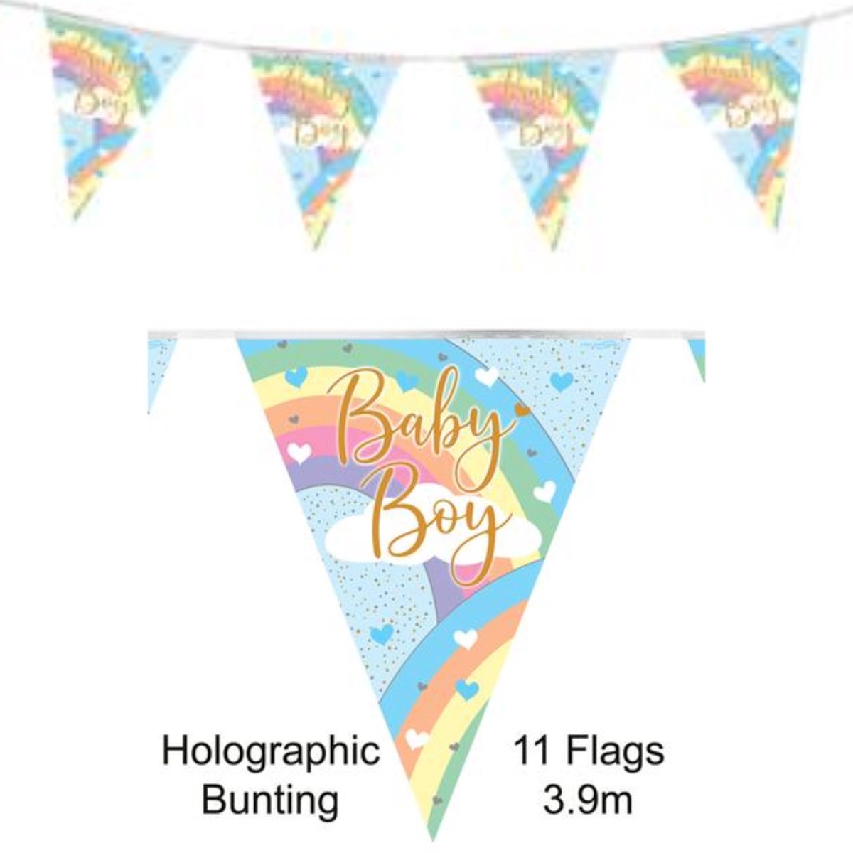 Vlaggenlijn geboorte jongen - Vlaggetjes - Gender reveal - Babyshower - Versiering - Decoratie - Regenboog - Folie - Pastelkleuren - multicolor