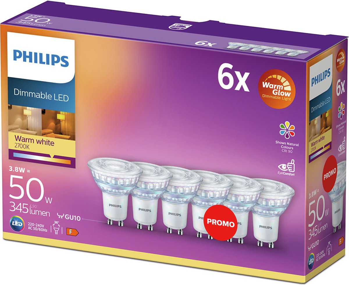 Philips energiezuinige LED Spot - 50 W - GU10 - Dimbaar warmwit licht - 6  stuks | bol.com