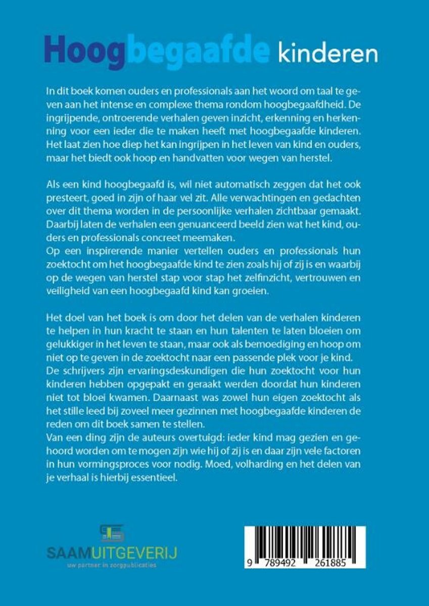 Boekcover met blauwe titel 'Hoogbegaafde kinderen' en tekst over het boek.
