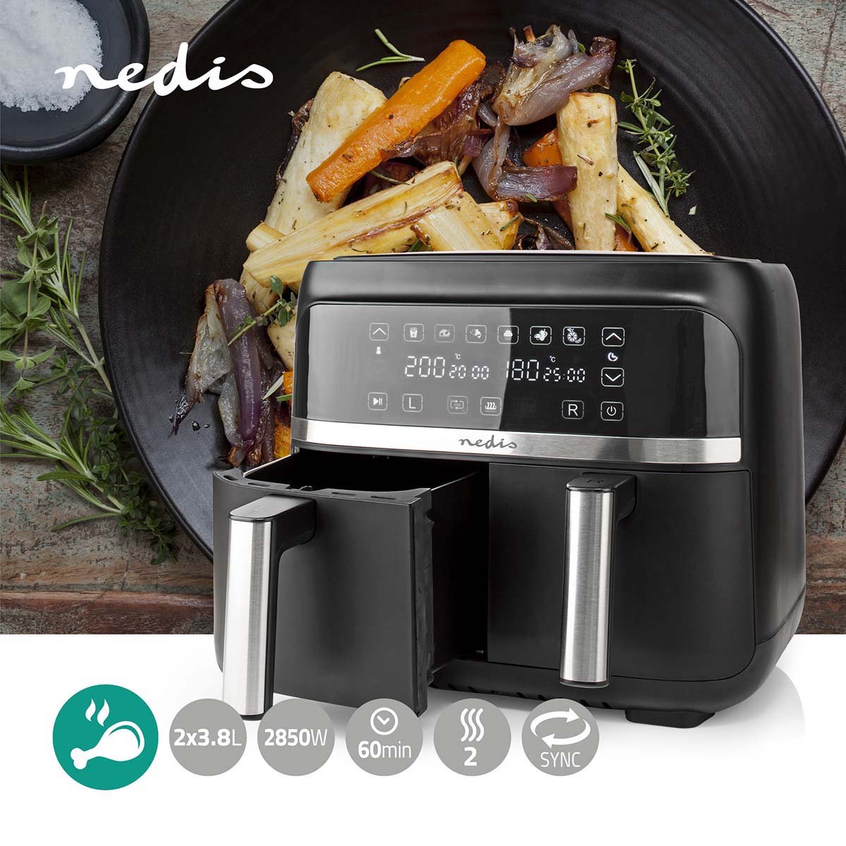 Afbeelding 2 van Nedis Dubbele Heteluchtfriteuse - 2x3.8 l - Tijdschakelaar: 60 min - Aantal vooraf ingestelde programma's: 6 - Digitaal - Zwart