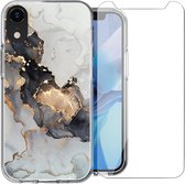 Hoesje voor iPhone XR - Siliconen Shock Proof Case Back Cover Hoes Marmer Goud + Screenprotector Gehard Glas Screen Protector