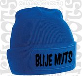 BLIJE MUTS muts - Blauw met zwart - Beanie - One Size - Unisex - Grappige teksten - Quotes - Kwoots - Wintersport - Aprés ski muts - Ik ben vandaag zo vrolijk