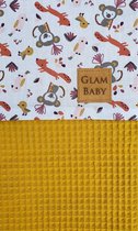 Wiegdeken 75 x 100 cm - Oker Geel met Dieren Print - 100% Katoen - Glam Baby - Wafelkatoen