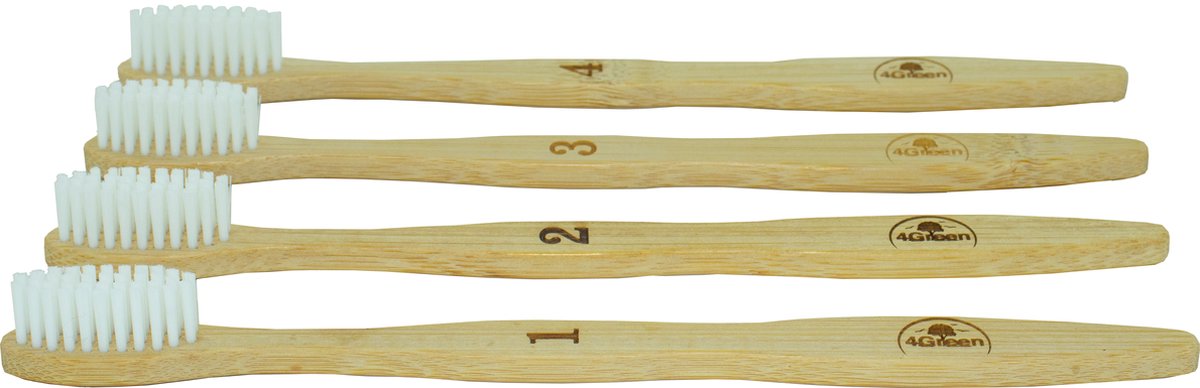 4Green Bamboe tandenborstel 4 stuks genummerd family pack 100% Moso Bamboe