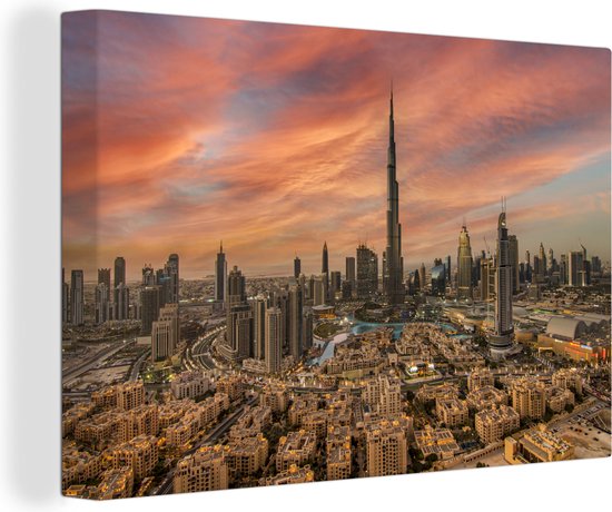 Canvas Schilderij Skyline van Dubai en de Burj Khalifa - 90x60 cm - Wanddecoratie