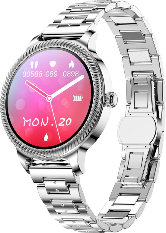 GALESTO Smartwatch Royal - Smartwatch Dames - Heren Smartwatch - Activity Tracker - Fitness Tracker - Met Touchscreen - Stalen band - Horloge - Stappenteller - Bloeddrukmeter - Verbrande calorieën - Waterbestendig - Zilver