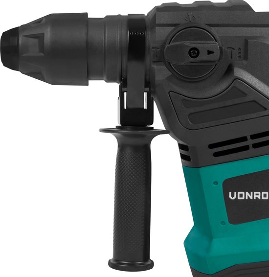Detail van de boorhamer van VONROC met SDS plus-aansluiting en extra handgreep.