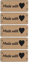 5 luxe PU lederen labels - Made with Love - Bruin - Handgemaakt label set 5 stuks - 5 X 2 CM