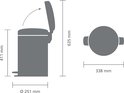 Grijze schematische tekening van een prullenbak met afmetingen in mm.