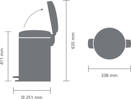 Grijze schematische tekening van een prullenbak met afmetingen in mm.