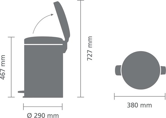 Afmetingen van een metallic gouden Brabantia prullenbak.